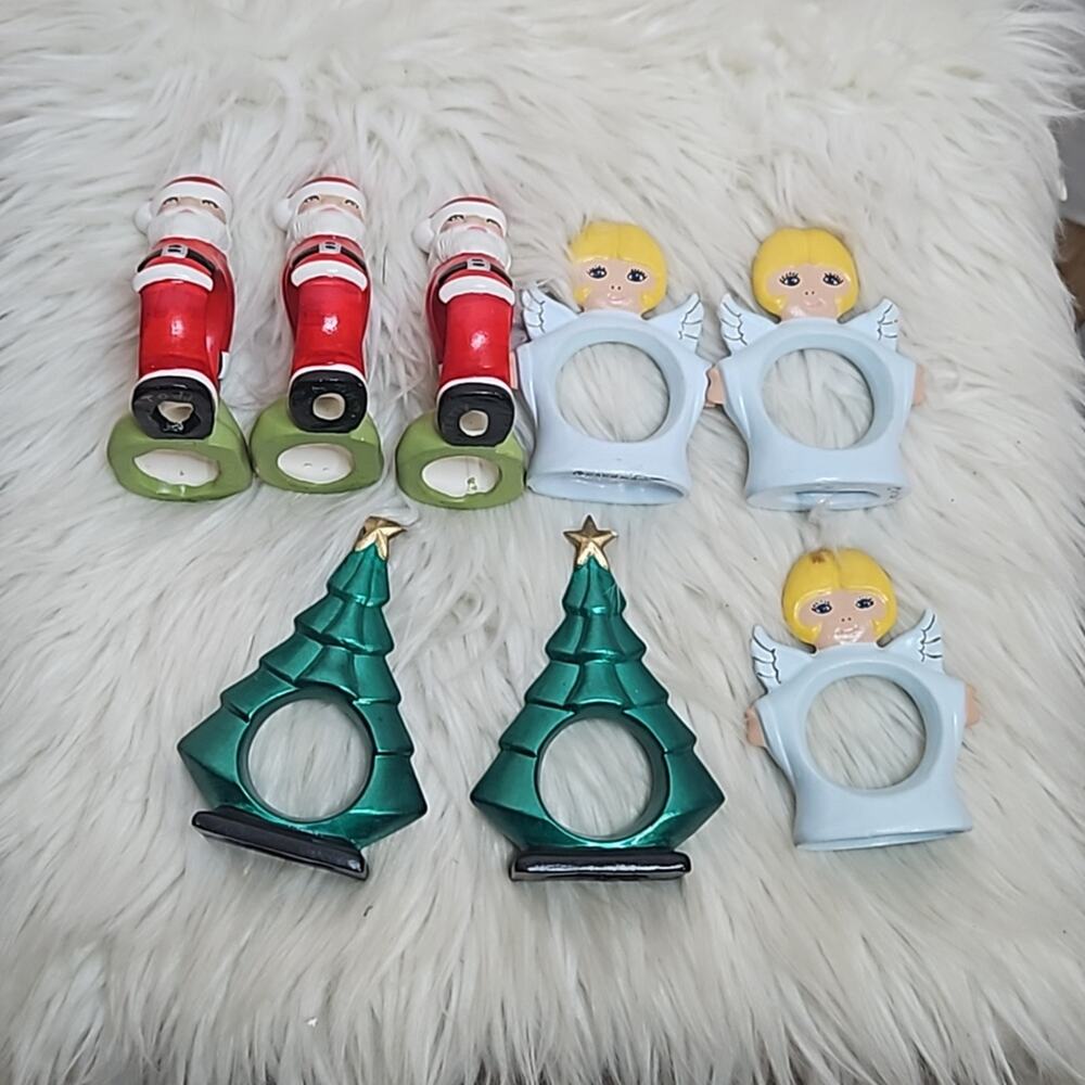 Vintage 1970s Ceramic Christmas Napkin Tree Angel Santa Set of 8